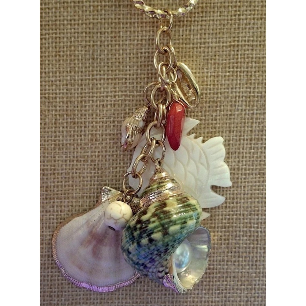 Plunder Gold Tone Sea Shell Pearl Charm Coastal Beach Necklace